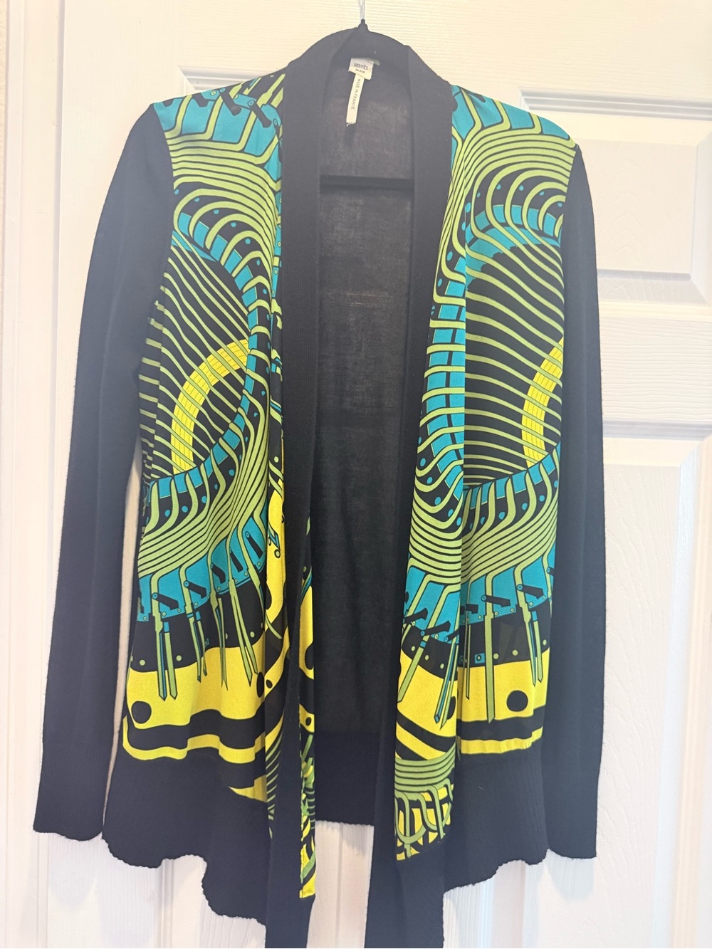 Hermes Black Cardigan with Yellow and Turquoise Graphic Front